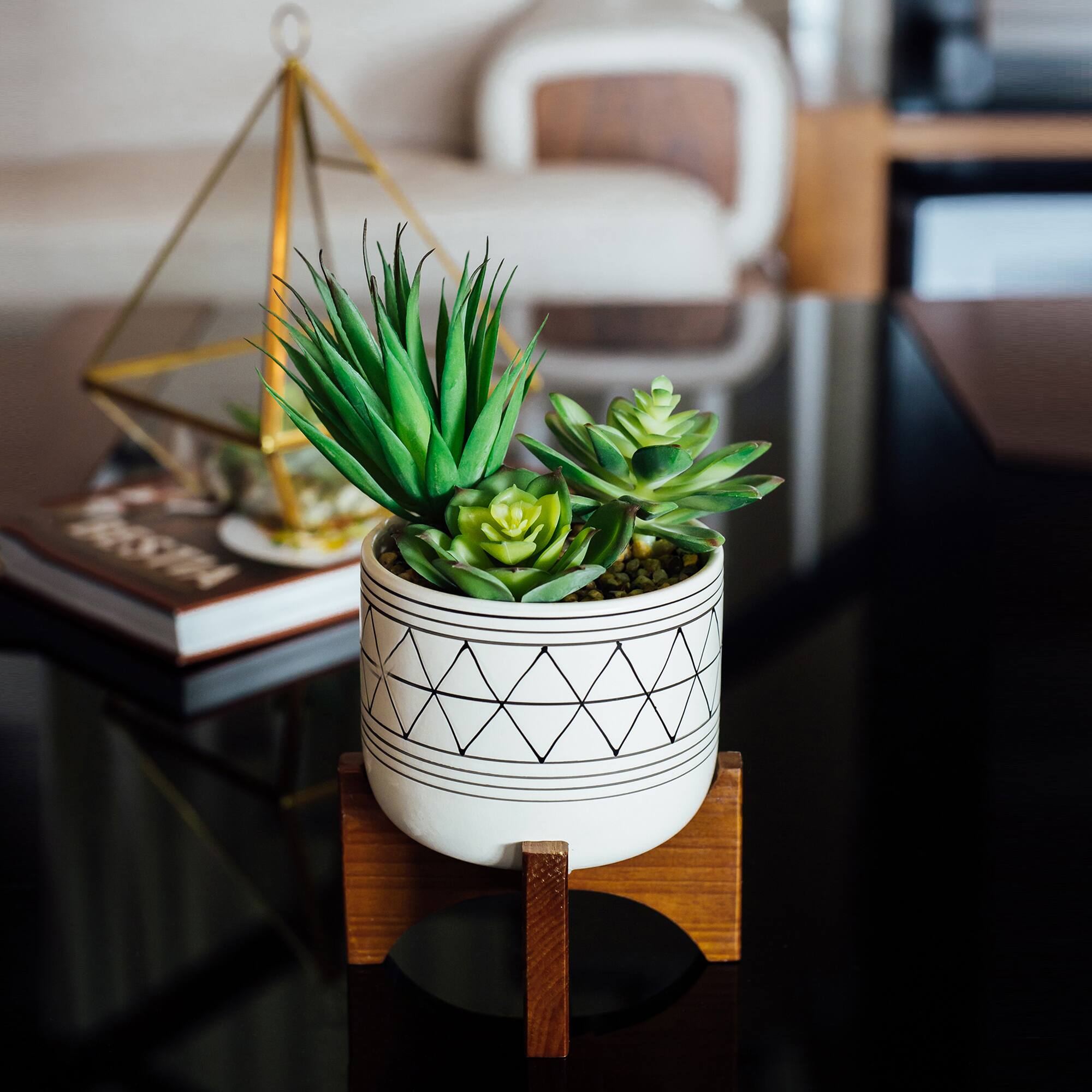 Flora Bunda® 4" Faux Succulents in Ceramic Footed Stand